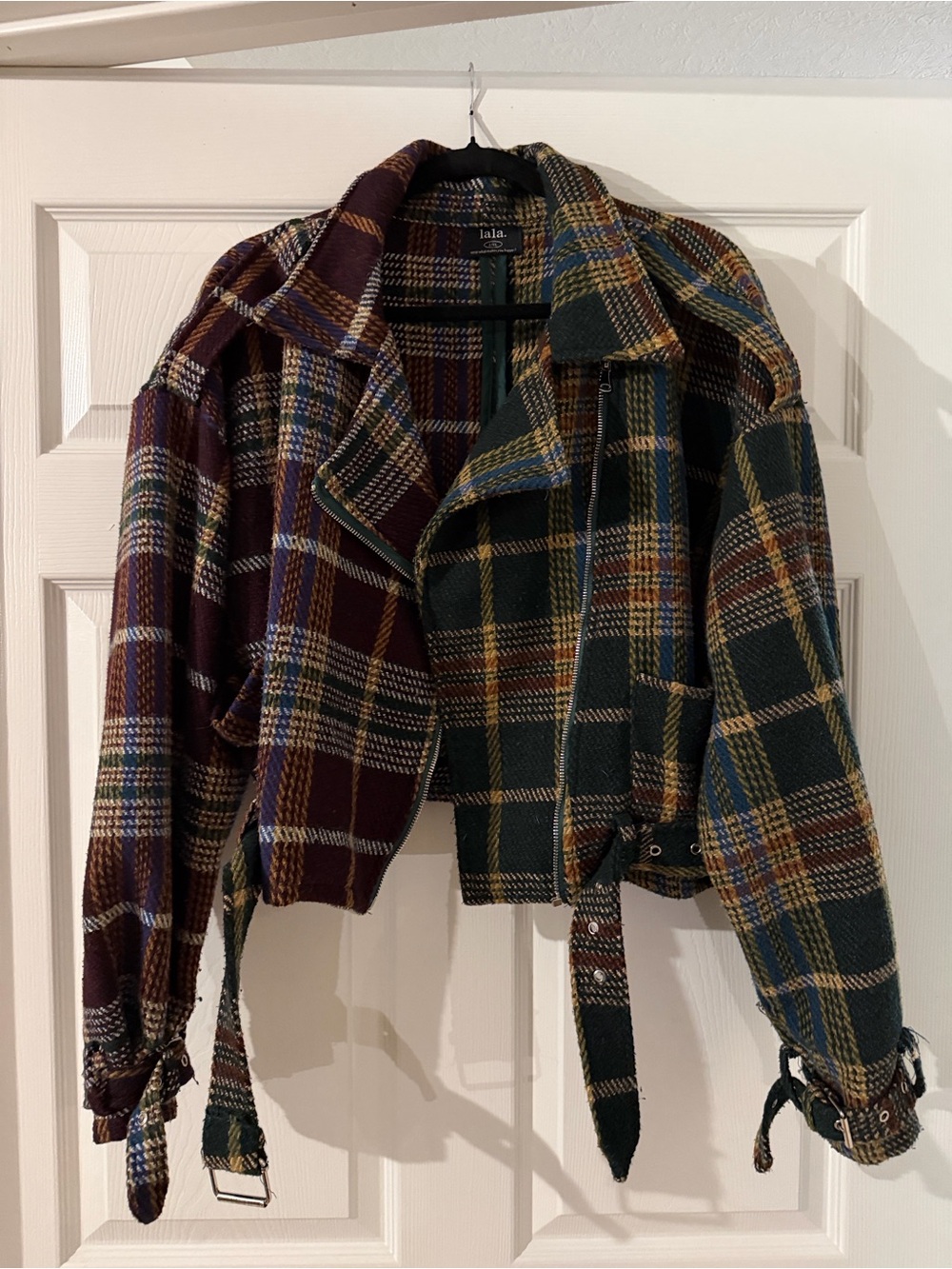 Dressed in LALA Two-Tone Plaid Cropped Moto Jacket in Burgundy & Forest Green